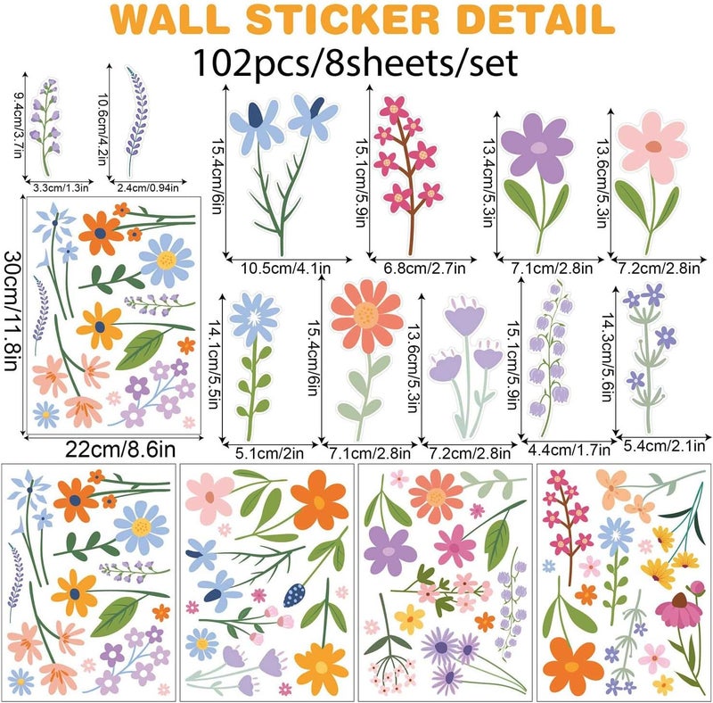 CharmFlo Wild Flower Wall Decals - Peel and Stick Removable Floral Wall Stickers for Nursery, Bedroom, Living Room Decor (8 Sheets 102 Pcs Wildflower Mural Art, Garden Theme) - Image 5